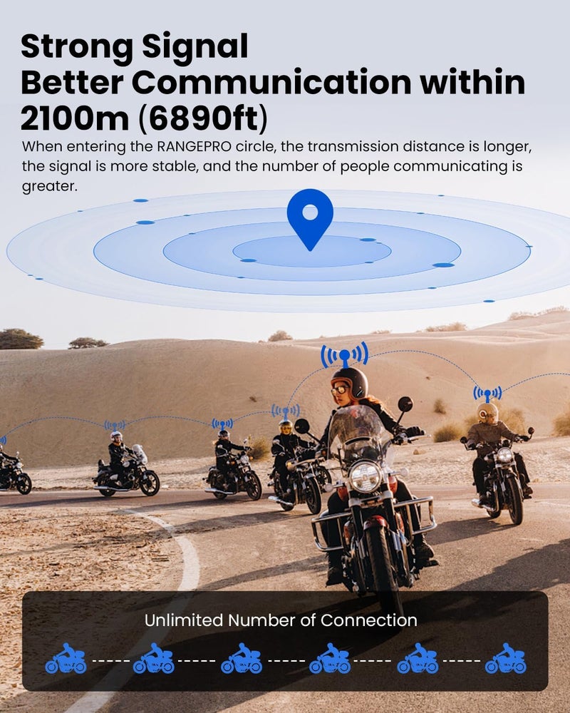ILM Motorcycle Bluetooth Headset Helmet Communication System 2100M Intercom IP67 Waterproof Noise Cancellation Model RANGEPRO Silver - Image 4